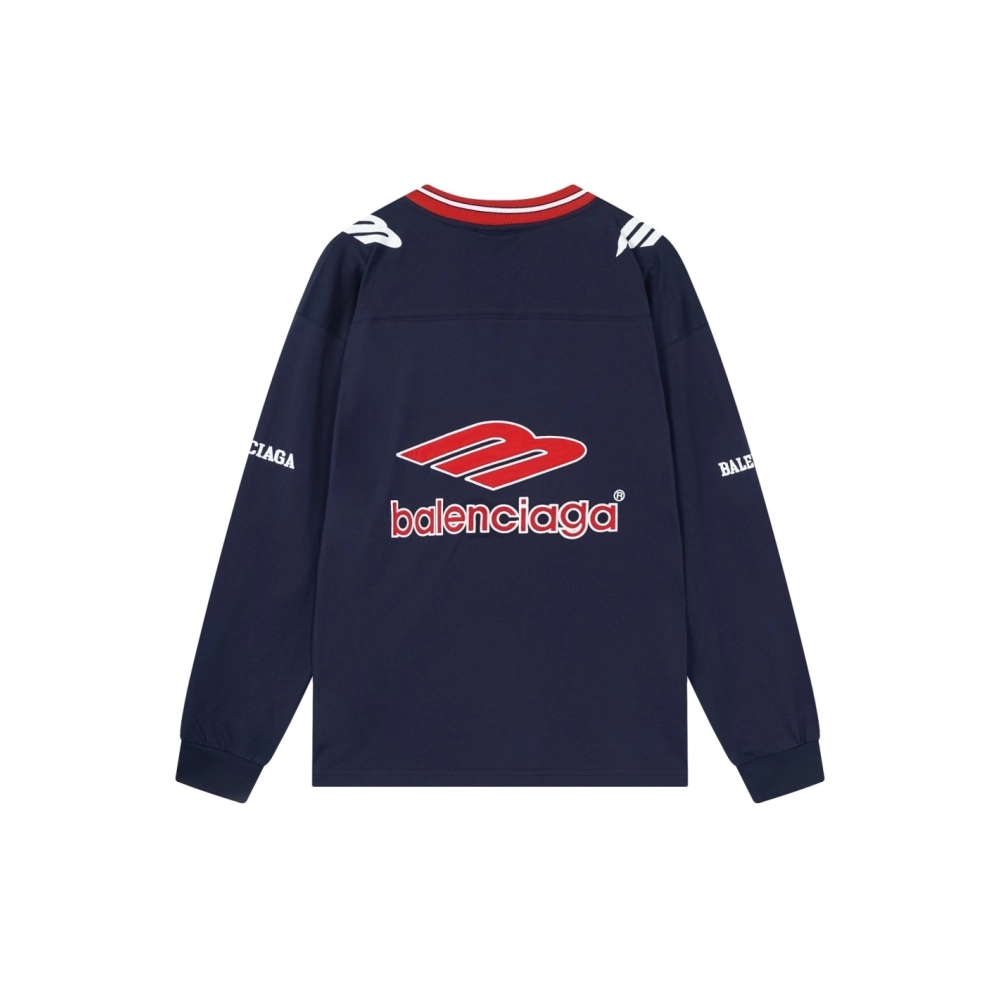 Balenciaga 3B Silhouette Ribbed V-Neck Embroidered amp; Printed Long-Sleeve T-Shirt Black Blue,Balenciaga T Shirt,Tshirt,APPAREL