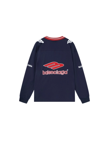 Balenciaga 3B Silhouette Ribbed V-Neck Embroidered amp; Printed Long-Sleeve T-Shirt Black Blue,Balenciaga T Shirt,Tshirt,APPAREL