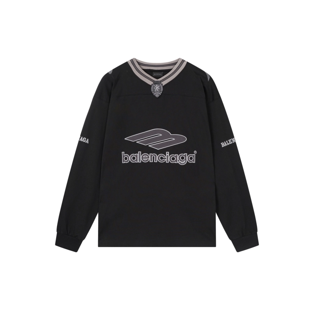 Balenciaga 3B Silhouette Ribbed V-Neck Embroidered amp; Printed Long-Sleeve T-Shirt Black Blue,Balenciaga T Shirt,Tshirt,APPAREL