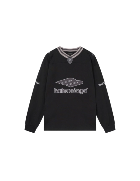 Balenciaga 3B Silhouette Ribbed V-Neck Embroidered amp; Printed Long-Sleeve T-Shirt Black Blue,Balenciaga T Shirt,Tshirt,APPAREL