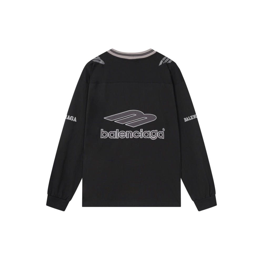 Balenciaga 3B Silhouette Ribbed V-Neck Embroidered amp; Printed Long-Sleeve T-Shirt Black Blue,Balenciaga T Shirt,Tshirt,APPAREL