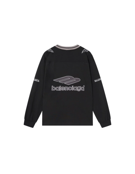 Balenciaga 3B Silhouette Ribbed V-Neck Embroidered amp; Printed Long-Sleeve T-Shirt Black Blue,Balenciaga T Shirt,Tshirt,APPAREL