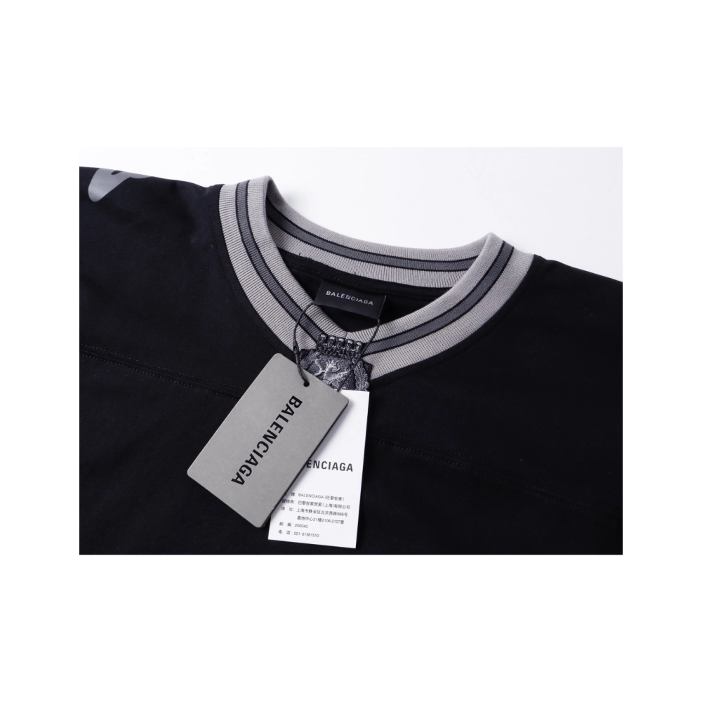 Balenciaga 3B Silhouette Ribbed V-Neck Embroidered amp; Printed Long-Sleeve T-Shirt Black Blue,Balenciaga T Shirt,Tshirt,APPAREL