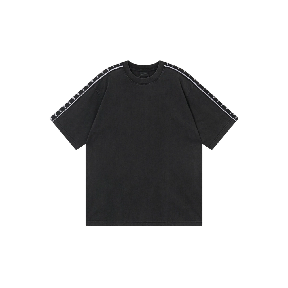 Balenciaga Washed amp; Distressed T-Shirt With 3B Artistic Webbing Accents Sleeves Black Apricot,Balenciaga T Shirt,Tshirt,APPAR