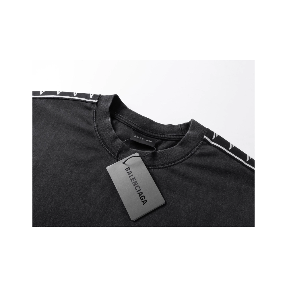 Balenciaga Washed amp; Distressed T-Shirt With 3B Artistic Webbing Accents Sleeves Black Apricot,Balenciaga T Shirt,Tshirt,APPAR