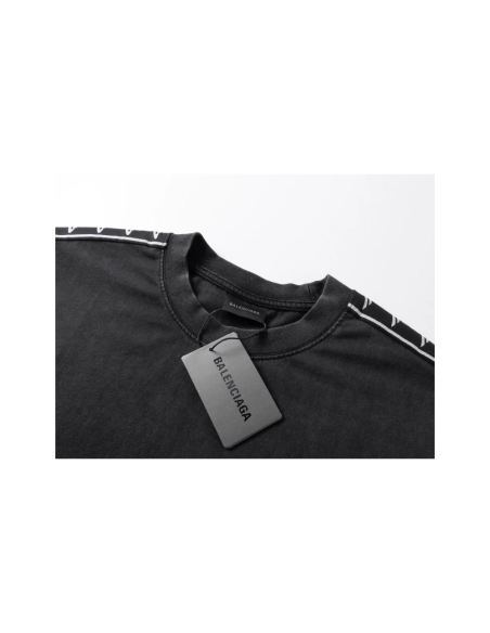 Balenciaga Washed amp; Distressed T-Shirt With 3B Artistic Webbing Accents Sleeves Black Apricot,Balenciaga T Shirt,Tshirt,APPAR