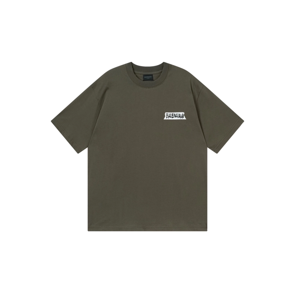 Balenciaga Masking Tape Printed Washed Distressed T-shirt Black White Olive Green,Balenciaga T Shirt,Tshirt,APPAREL