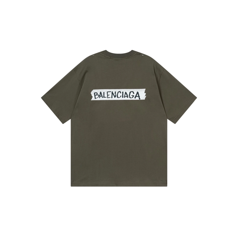 Balenciaga Masking Tape Printed Washed Distressed T-shirt Black White Olive Green,Balenciaga T Shirt,Tshirt,APPAREL