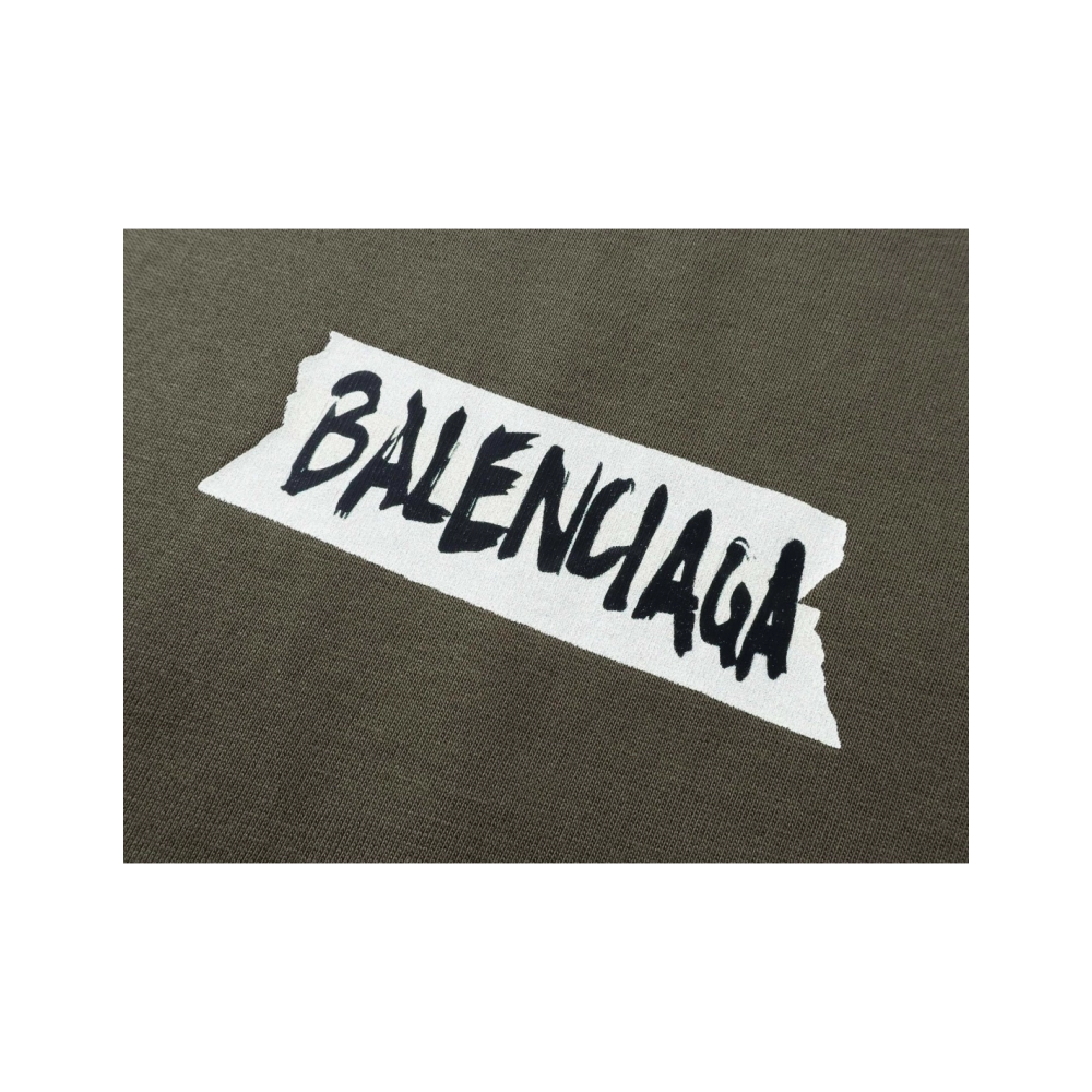 Balenciaga Masking Tape Printed Washed Distressed T-shirt Black White Olive Green,Balenciaga T Shirt,Tshirt,APPAREL