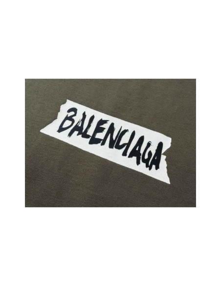 Balenciaga Masking Tape Printed Washed Distressed T-shirt Black White Olive Green,Balenciaga T Shirt,Tshirt,APPAREL