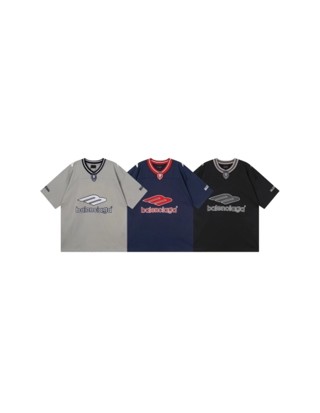 Balenciaga 3B Silhouette Ribbed V-neck Printed T-shirt Black Dark Blue Gray,Balenciaga T Shirt,Tshirt,APPAREL