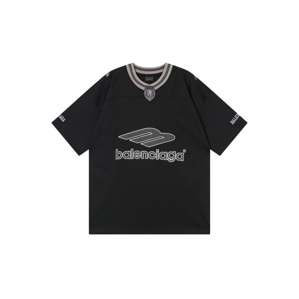 Balenciaga 3B Silhouette Ribbed V-neck Printed T-shirt Black Dark Blue Gray,Balenciaga T Shirt,Tshirt,APPAREL