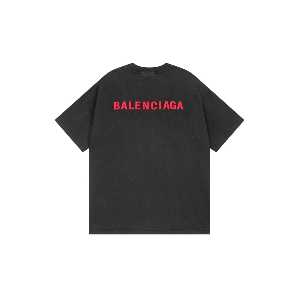 Balenciaga Logo Embroidered Washed Distressed T-shirt Black Blue,Balenciaga T Shirt,Tshirt,APPAREL