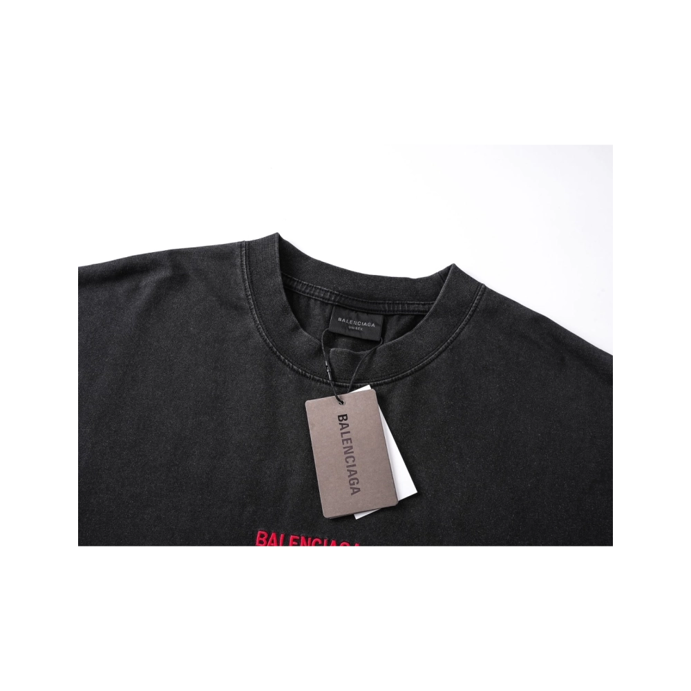 Balenciaga Logo Embroidered Washed Distressed T-shirt Black Blue,Balenciaga T Shirt,Tshirt,APPAREL