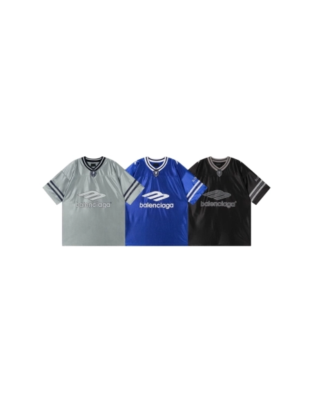 Balenciaga 3B Silhouette Ribbed V-neck Printed T-shirt Black Blue Gray,Balenciaga T Shirt,Tshirt,APPAREL