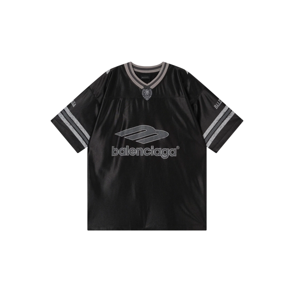 Balenciaga 3B Silhouette Ribbed V-neck Printed T-shirt Black Blue Gray,Balenciaga T Shirt,Tshirt,APPAREL