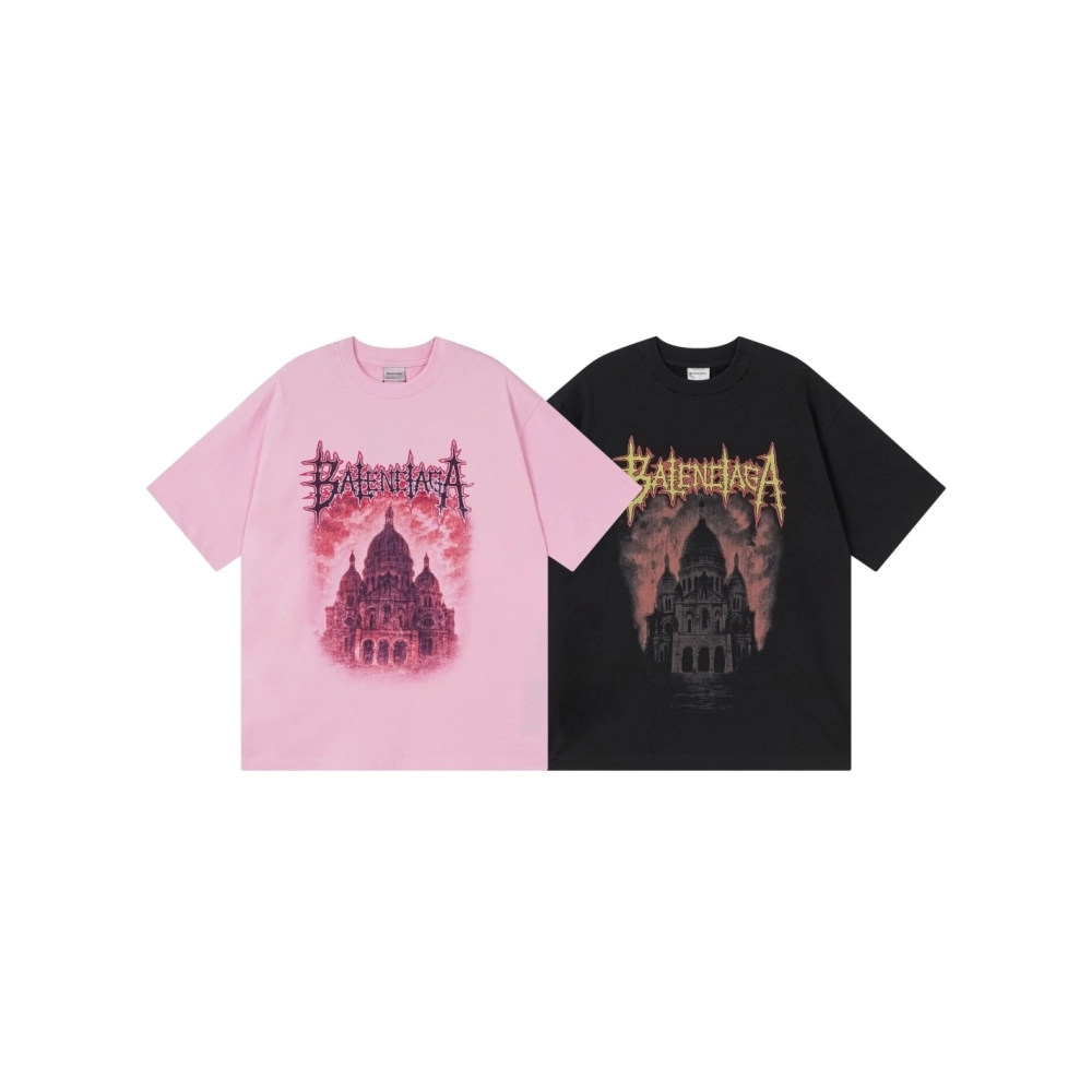 Balenciaga Paris Sacr233;-C?ur Basilica Printed T-shirt Black Pink,Balenciaga T Shirt,Tshirt,APPAREL