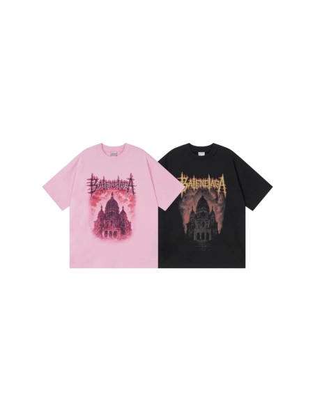 Balenciaga Paris Sacr233;-C?ur Basilica Printed T-shirt Black Pink,Balenciaga T Shirt,Tshirt,APPAREL
