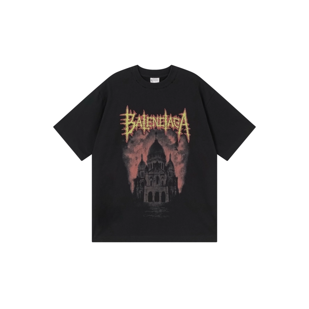 Balenciaga Paris Sacr233;-C?ur Basilica Printed T-shirt Black Pink,Balenciaga T Shirt,Tshirt,APPAREL