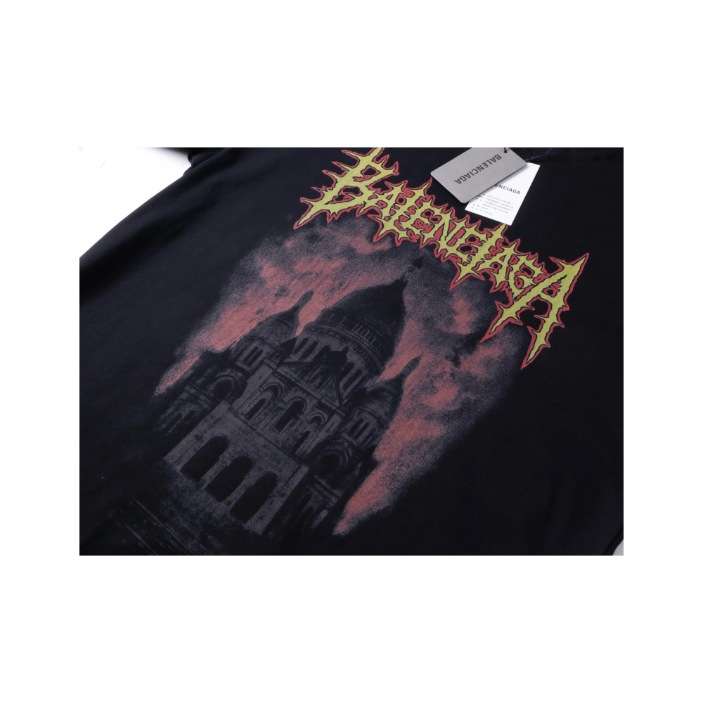Balenciaga Paris Sacr233;-C?ur Basilica Printed T-shirt Black Pink,Balenciaga T Shirt,Tshirt,APPAREL