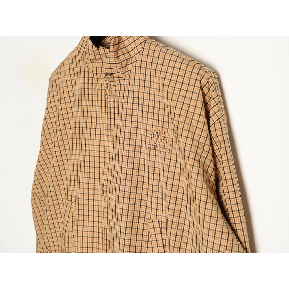 Miu Miu Color-block Plaid Stand-Collar Zip Jacket,Miu Miu