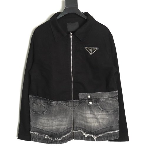 Prada Washed Denim Jacket with Triangle Logo,Prada
