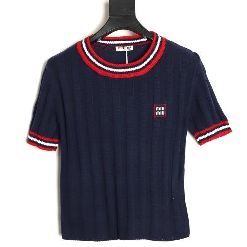 Miu Miu Logo Preppy Short-Sleeve Knit Sweater TSK1,Miu Miu