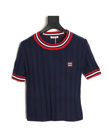 Miu Miu Logo Preppy Short-Sleeve Knit Sweater TSK1,Miu Miu
