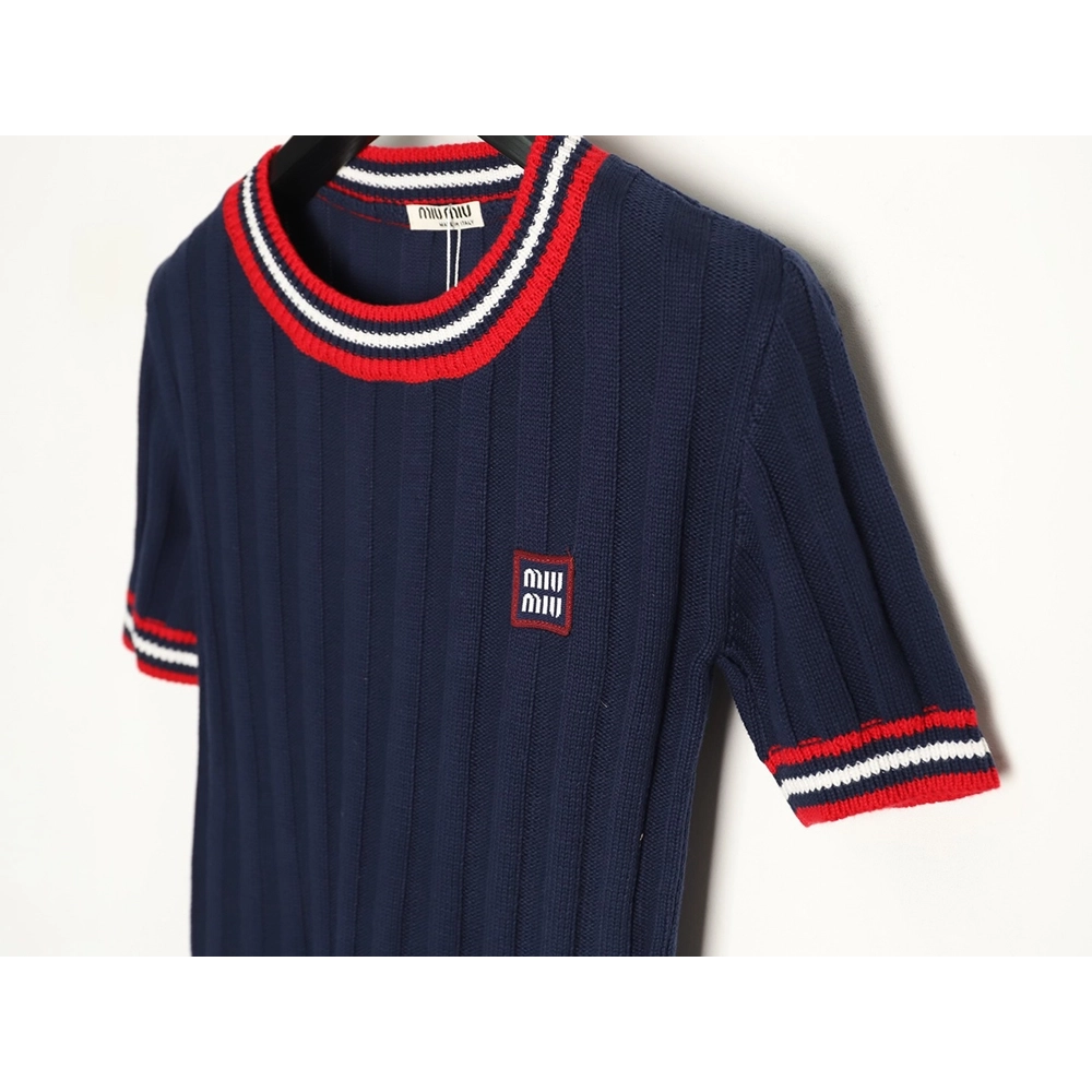 Miu Miu Logo Preppy Short-Sleeve Knit Sweater TSK1,Miu Miu