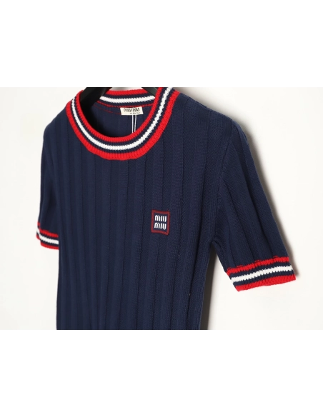Miu Miu Logo Preppy Short-Sleeve Knit Sweater TSK1,Miu Miu