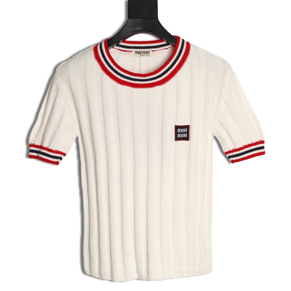 Miu Miu Logo Preppy Short-Sleeve Knit Sweater,Miu Miu