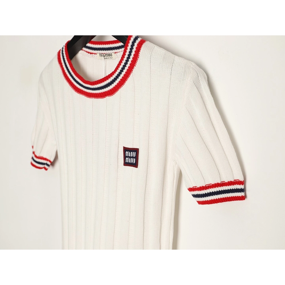 Miu Miu Logo Preppy Short-Sleeve Knit Sweater,Miu Miu