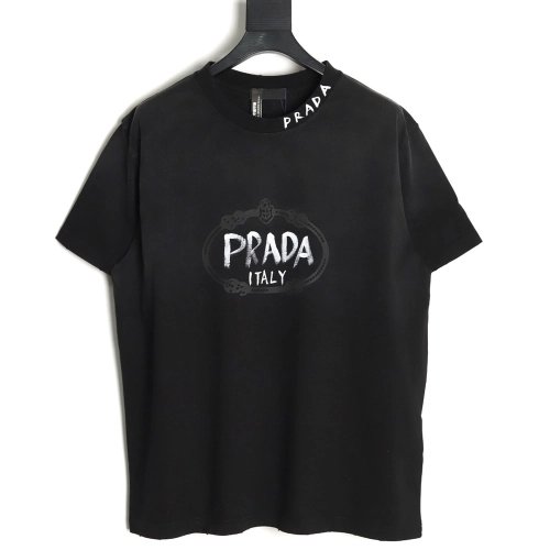 Prada Hand-Drawn Lettering Washed Crewneck Short-Sleeve T-Shirt TSK1,Prada