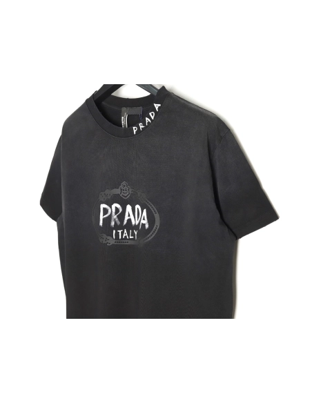 Prada Hand-Drawn Lettering Washed Crewneck Short-Sleeve T-Shirt TSK1,Prada