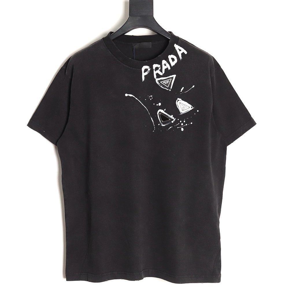 Prada Hand-Drawn Lettering Washed Triangle Logo Crewneck Short-Sleeve T-Shirt,Prada