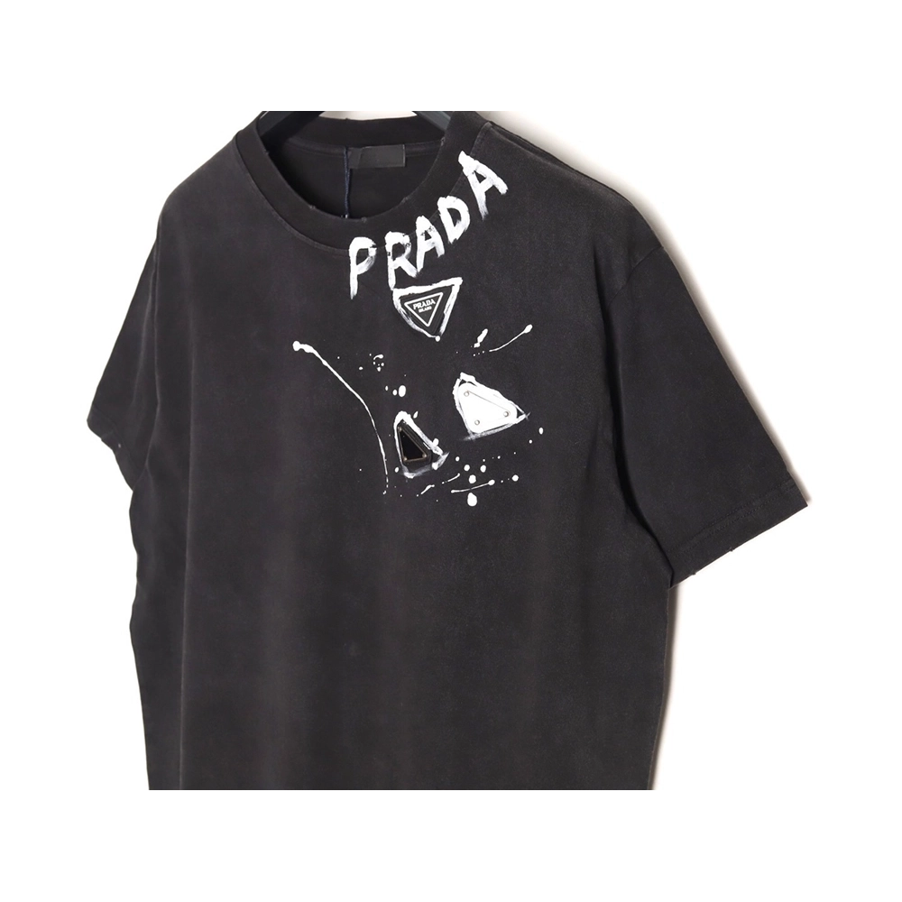 Prada Hand-Drawn Lettering Washed Triangle Logo Crewneck Short-Sleeve T-Shirt,Prada