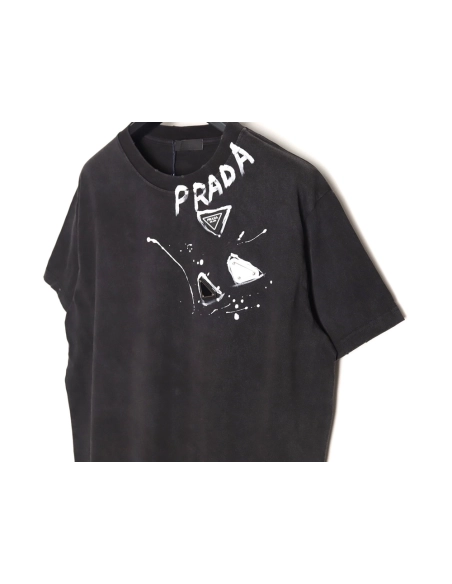 Prada Hand-Drawn Lettering Washed Triangle Logo Crewneck Short-Sleeve T-Shirt,Prada