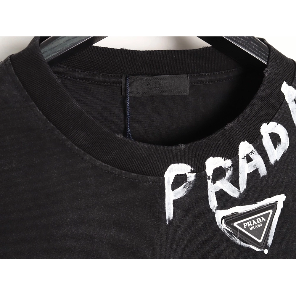 Prada Hand-Drawn Lettering Washed Triangle Logo Crewneck Short-Sleeve T-Shirt,Prada