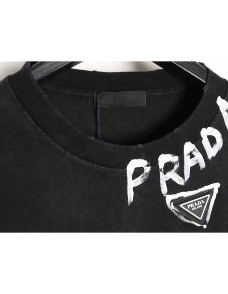 Prada Hand-Drawn Lettering Washed Triangle Logo Crewneck Short-Sleeve T-Shirt,Prada