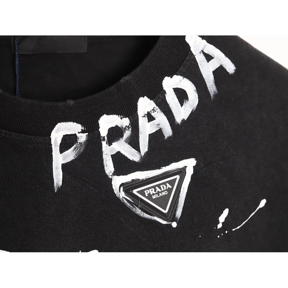 Prada Hand-Drawn Lettering Washed Triangle Logo Crewneck Short-Sleeve T-Shirt,Prada