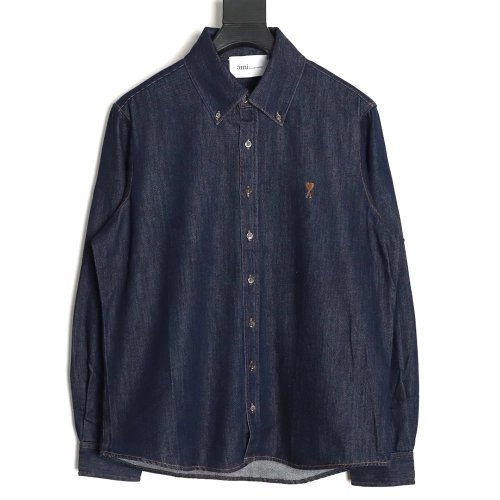 Ami Paris Small Heart Embroidered Long-Sleeve Denim Shirt,Ami