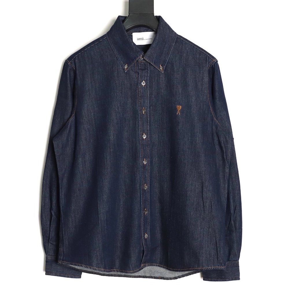 Ami Paris Small Heart Embroidered Long-Sleeve Denim Shirt,Ami