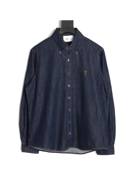 Ami Paris Small Heart Embroidered Long-Sleeve Denim Shirt,Ami