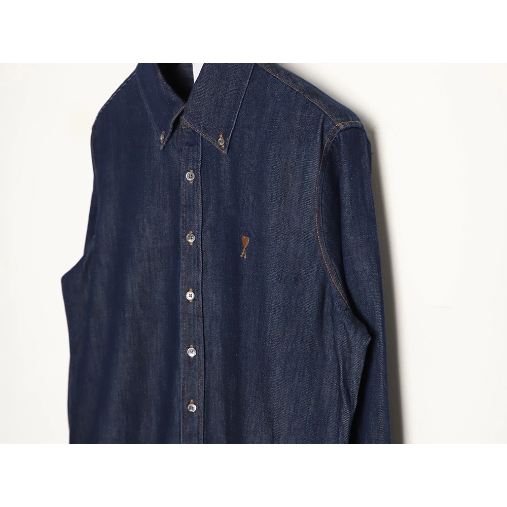 Ami Paris Small Heart Embroidered Long-Sleeve Denim Shirt,Ami