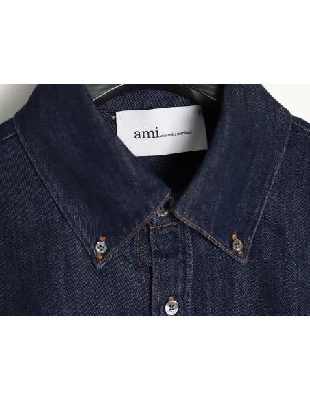 Ami Paris Small Heart Embroidered Long-Sleeve Denim Shirt,Ami