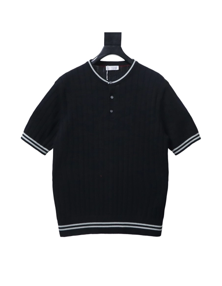 Brunello Cucinelli Cable-Knit Short-Sleeve Henley T-Shirt,Brunello Cucinelli