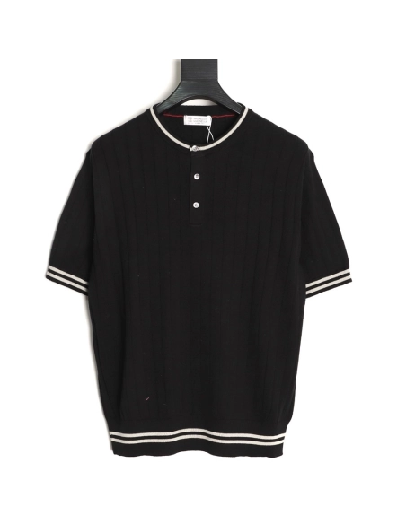 Brunello Cucinelli Cable-Knit Short-Sleeve Henley T-Shirt,Brunello Cucinelli