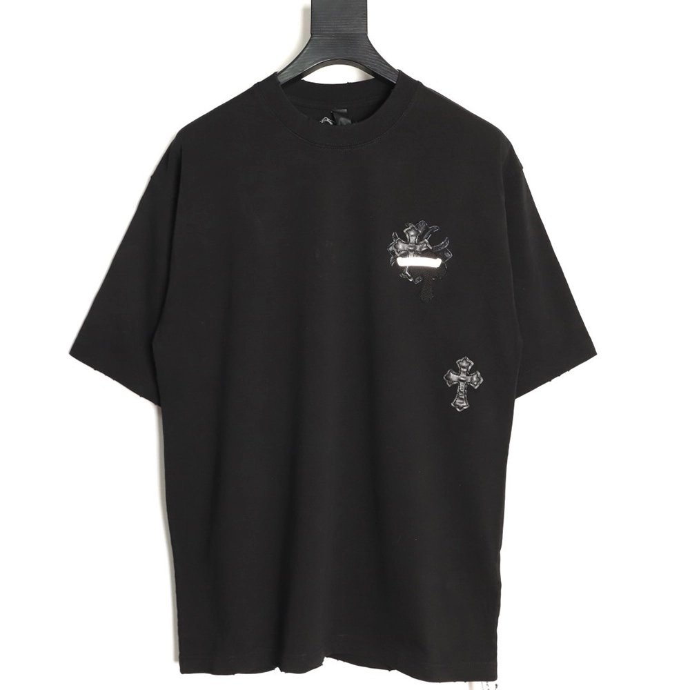 Chrome Hearts Cross Leather Tag Logo-Tape Short-Sleeve T-Shirt TSK1,Chrome Hearts