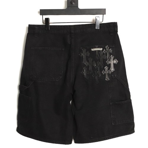 Chrome Hearts patchwork leather hardware denim shorts,Chrome Hearts