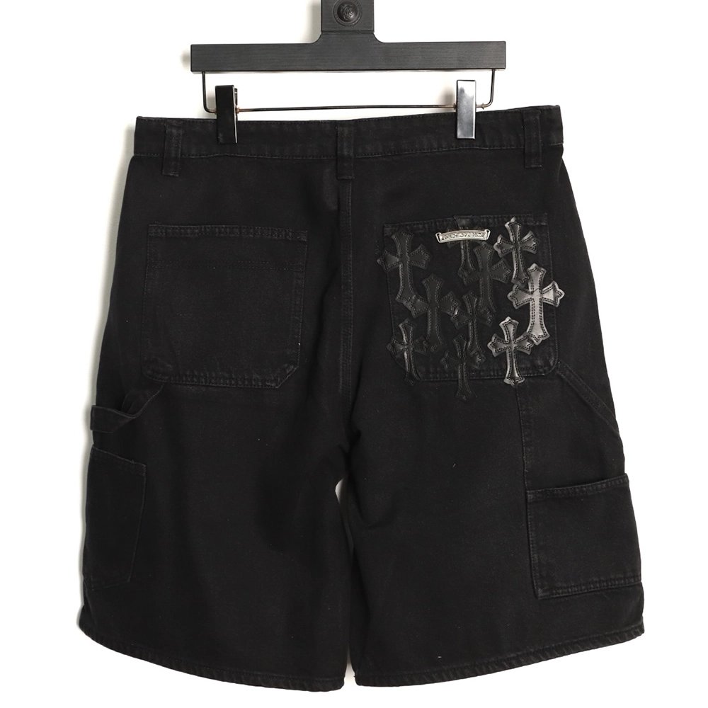 Chrome Hearts patchwork leather hardware denim shorts,Chrome Hearts